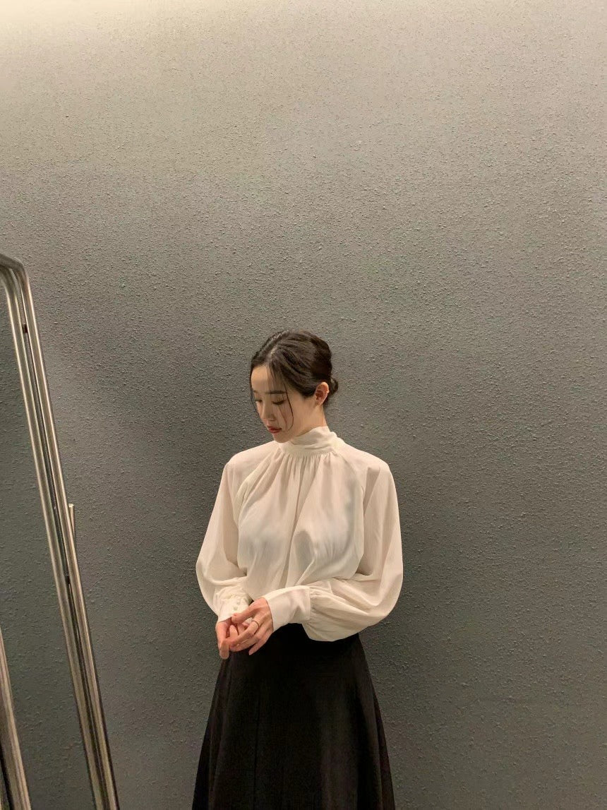 10 PO | 1024092 Tie neck puff sleeves blouse