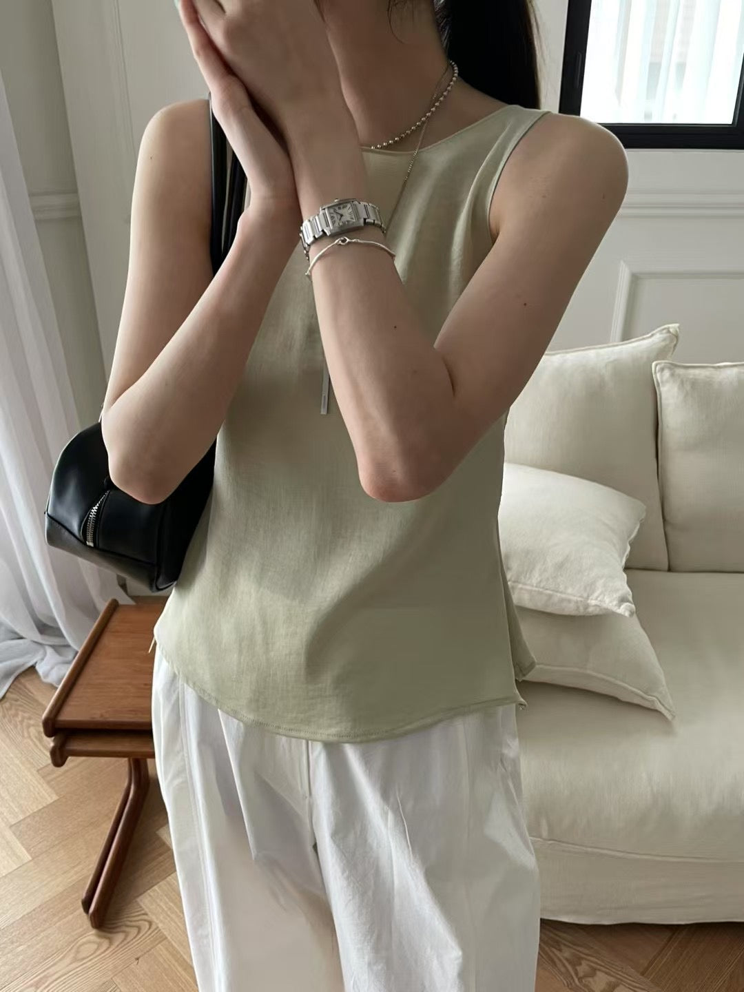 4PO ｜0425070 基礎款/ 側拉鏈 Satin Boatneck tank top