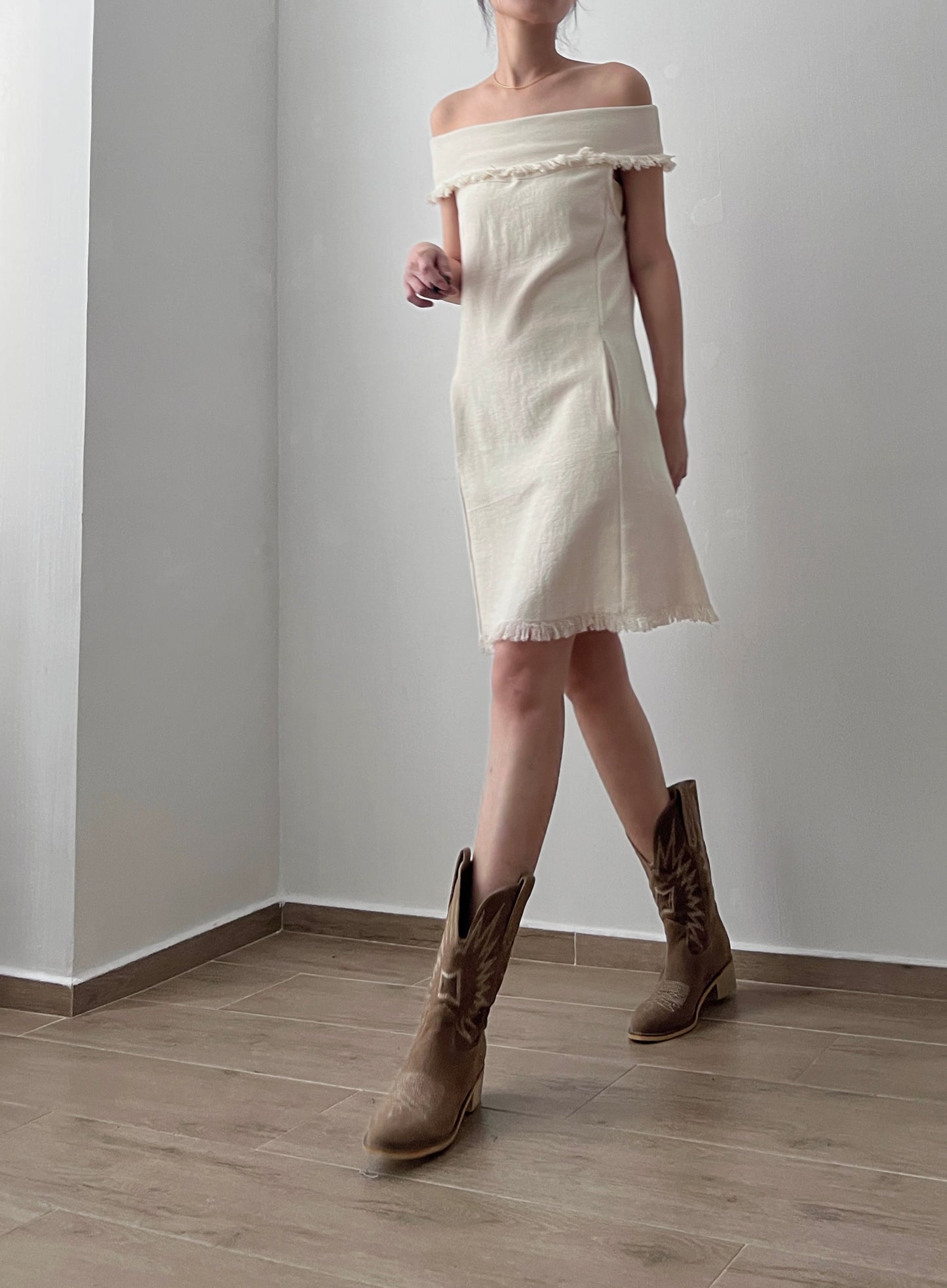 Sold out ✖️6PO No.40 Linen off shoulder mini dress